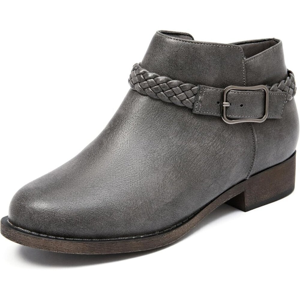 Veittes Women's Grey Comfort Slip On Low Chunky Heel Boot With Buckle Strap